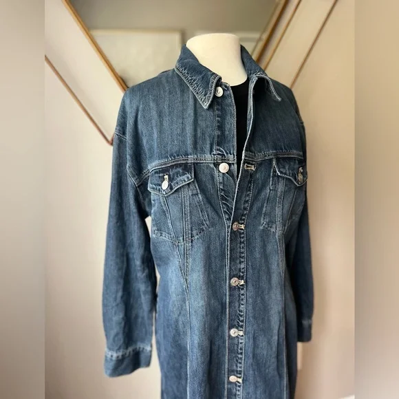 Zara Denim Maxi Dress & Long Blue Jean Jacket Trench Coat Womens XL 10 12 14 - Picture 5 of 12